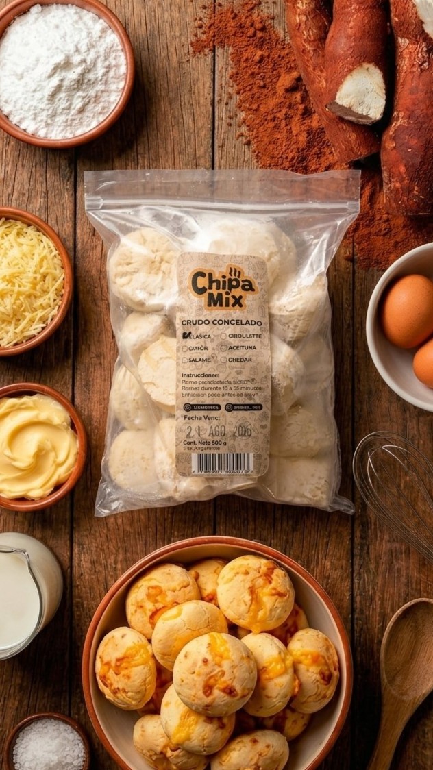 Chipá Chipa Mix crudo congelado rodeado de sus ingredientes naturales