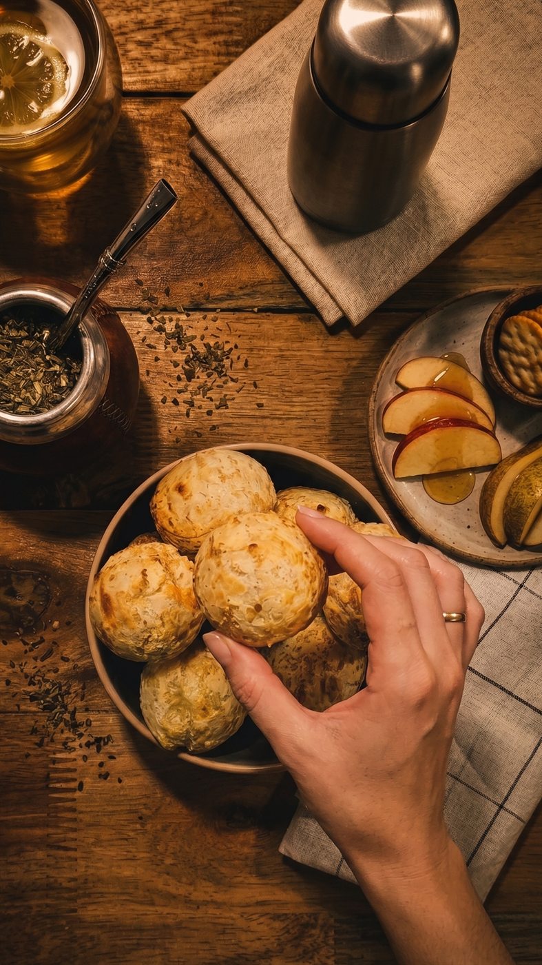 Una mano toma un chipá Chipa Mix de un bowl, con mate y termo para la merienda